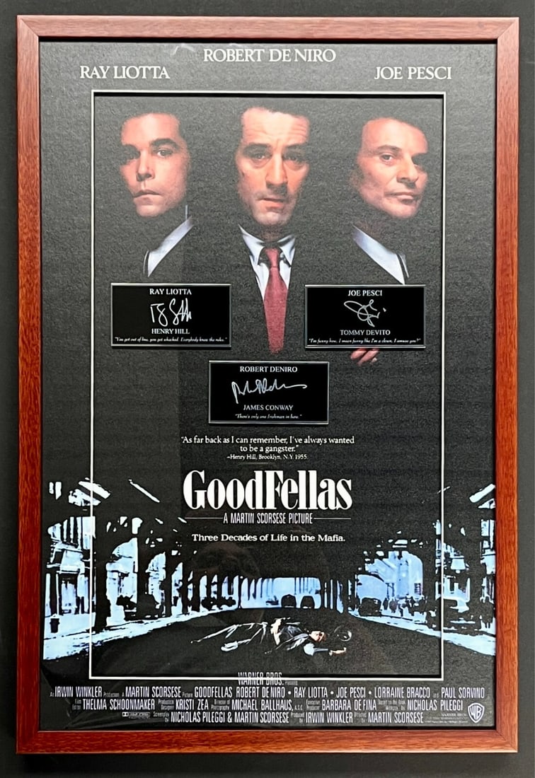 Goodfellas Custom Framed Display with Laser Engraved Signatures - Reproduction: Goodfellas Custom Framed Display with Laser Engraved Signatures - Reproduction Celebrate the classic film Goodfellas with this stunning laser engraved signature series custom framed display. Measuring