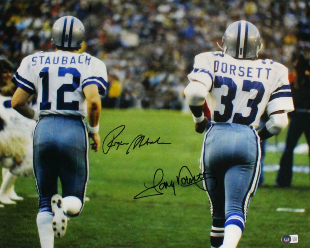 Roger Staubach Tony Dorsett Signed Dallas Cowboys 16x20 Photo Beckett Authenticated: Roger Staubach Tony Dorsett Signed Dallas Cowboys 16x20 Photo Beckett Authenticated This remarkable 16x20 photo captures the legendary duo of Tony Dorsett and Roger Staubach, both iconic figures of th