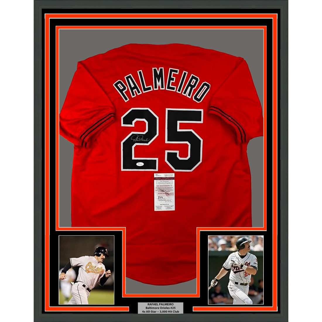 Framed Rafael Palmeiro Signed Jersey Baltimore Orioles JSA COA 35x39: Framed Rafael Palmeiro Signed Jersey Baltimore Orioles JSA COA 35x39 This professionally framed and matted display features an authentic autographed Baltimore Orioles jersey by Rafael Palmeiro, an acc
