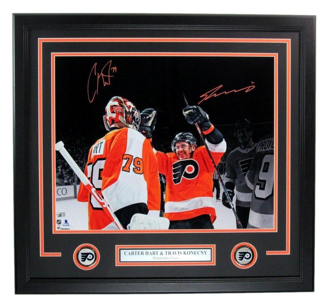 Carter Hart Travis Konecny Dual Signed 16x20 Photo Framed Flyers Fanatics: Carter Hart Travis Konecny Dual Signed 16x20 Photo Framed Flyers Fanatics Celebrate your love for hockey with this stunning Carter Hart and Travis Konecny dual-autographed 16x20 photo of the Philadelp