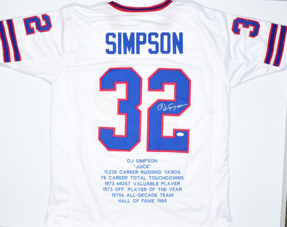 O.J. Simpson Signed Buffalo Bills Pro Style Jersey JSA Authenticated: O.J. Simpson Signed Buffalo Bills Pro Style Jersey JSA Authenticated This is an original O.J. Simpson autographed white pro style STAT jersey from his time with the Buffalo Bills. The jersey features