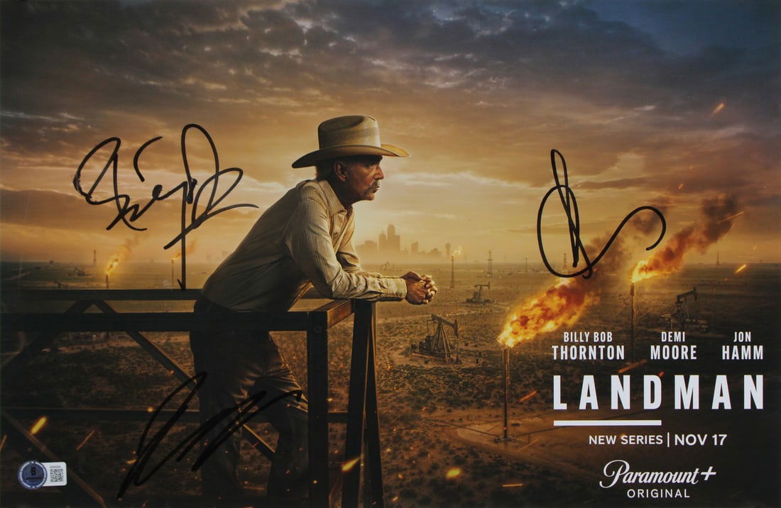 Landman Signed 11x17 Photo by Thornton Garcia Lofland BAS Authenticated: Landman Signed 11x17 Photo by Thornton Garcia Lofland BAS Authenticated Capture a piece of cinematic history with this authentic 11x17 photograph signed by the talented trio of Billy Bob Thornton, And