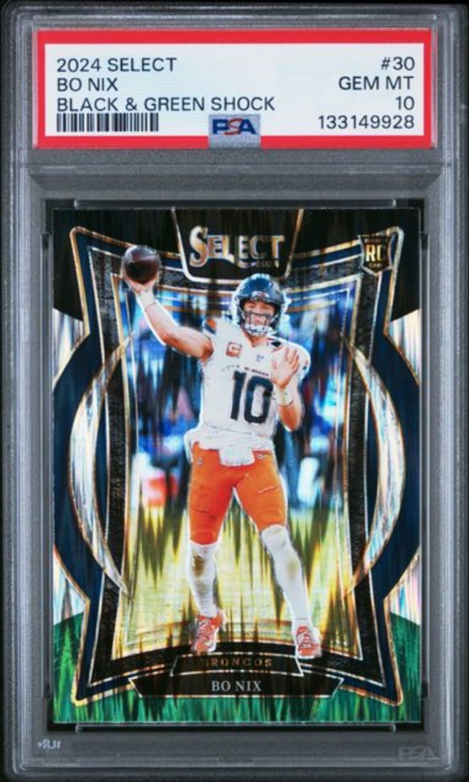 2024 Panini Select Bo Nix Rookie Card Black Green Shock PSA 10 Graded: 2024 Panini Select Bo Nix Rookie Card Black Green Shock PSA 10 Graded This is a 2024 Panini Select Bo Nix #30 Black & Green Shock Rookie RC Card, professionally graded PSA 10 by Professional Sports Au