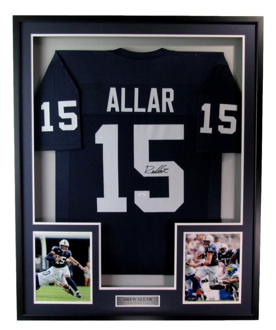 Drew Allar Autographed Framed Jersey Penn State JSA Certified: Drew Allar Autographed Framed Jersey Penn State JSA Certified This is a framed jersey featuring the autograph of Drew Allar, a star football player from Penn State. The jersey is authenticated by Jame