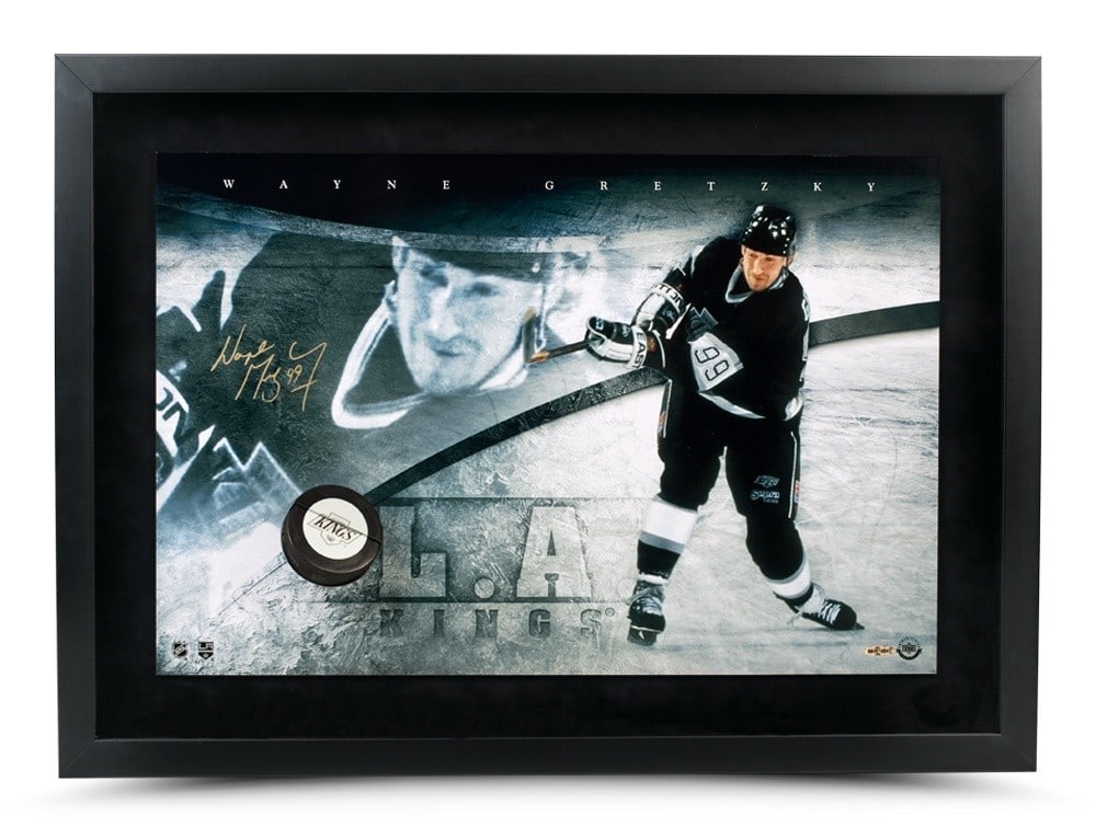 Wayne Gretzky Autographed 16x24 Photo Slap Shot Kings Upper Deck Certified: Wayne Gretzky Autographed 16x24 Photo Slap Shot Kings Upper Deck Certified Celebrate the legendary career of Wayne Gretzky with this stunning autographed 16X24 photo capturing his iconic slap shot as