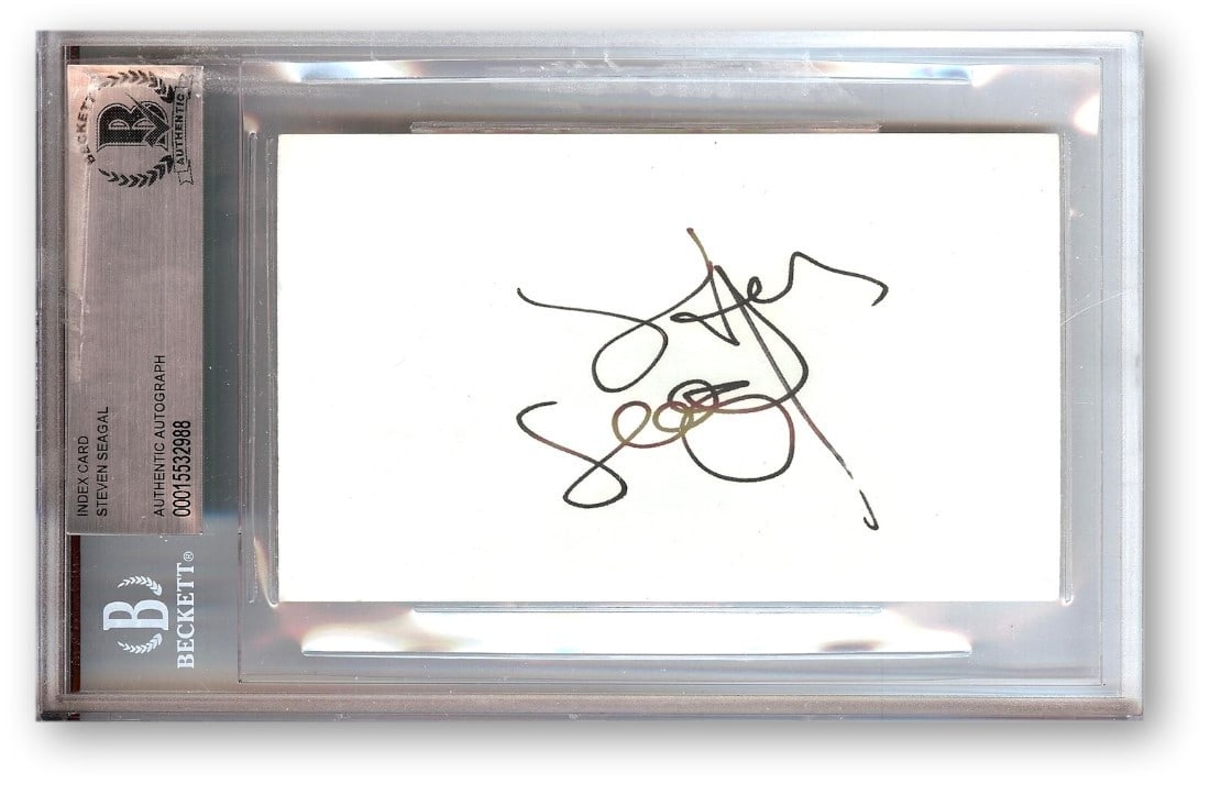Steven Seagal Autographed Index Card Beckett Authenticated 4.5 X 7: Steven Seagal Autographed Index Card Beckett Authenticated 4.5 X 7 This is an authentic autographed index card signed by Steven Seagal, featuring his iconic roles in 'Under Siege' and 'Above the Law.'