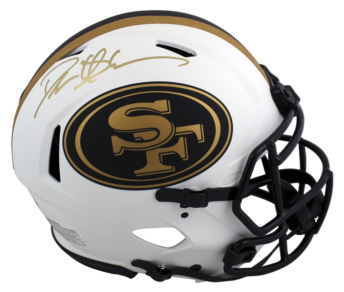 Deion Sanders Autographed 49ers Lunar Full Size Speed Helmet BAS Witnessed: Deion Sanders Autographed 49ers Lunar Full Size Speed Helmet BAS Witnessed This authentic full-size Speed Proline helmet features a striking alternate Lunar design and has been personally signed by De
