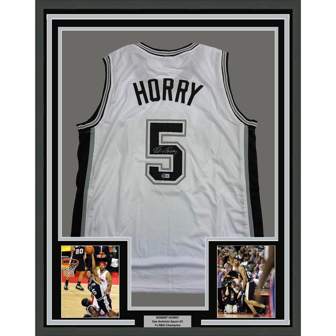Robert Horry Signed San Antonio Spurs Jersey Framed with Photos BAS COA 35x39: Robert Horry Signed San Antonio Spurs Jersey Framed with Photos BAS COA 35x39 This is a professionally framed Robert Horry San Antonio Spurs white jersey, autographed by Robert Horry. The display incl