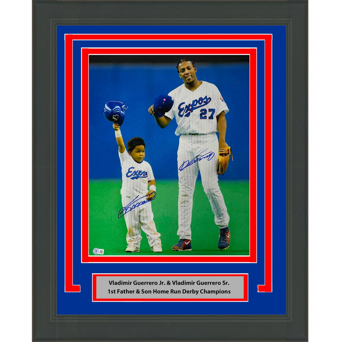 Framed Autographed Vladimir Guerrero Jr. & Sr. 16x20 Montreal Expos Photo Beckett COA: Framed Autographed Vladimir Guerrero Jr. & Sr. 16x20 Montreal Expos Photo Beckett COA Celebrate the legacy of baseball legends with this professionally framed and matted 16x20 baseball photo featuring