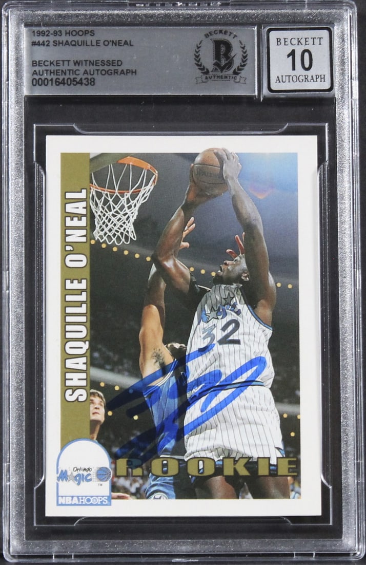 Shaquille O'Neal Signed 1992 Hoops Rookie Card Gem Mint 10 Beckett Authenticated: Shaquille O'Neal Signed 1992 Hoops Rookie Card Gem Mint 10 Beckett Authenticated Celebrate the legacy of basketball with this autographed 1992 Hoops #442 rookie card featuring Shaquille O'Neal. This c