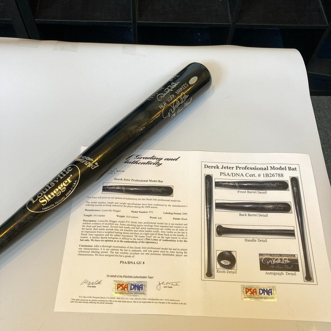 Derek Jeter 2008 Game Used Signed Bat with PSA DNA JSA COA Yankees: Derek Jeter 2008 Game Used Signed Bat with PSA DNA JSA COA Yankees This Derek Jeter signed Louisville Slugger model "P72" baseball bat is a remarkable piece of sports memorabilia from the 2008 MLB sea