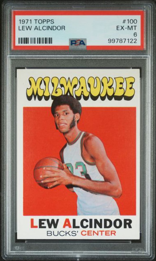 1971 Topps Lew Alcindor Kareem Abdul-Jabbar #100 Basketball Card PSA 6: 1971 Topps Lew Alcindor Kareem Abdul-Jabbar #100 Basketball Card PSA 6 This is a graded 1971 Topps Lew Alcindor (Kareem Abdul-Jabbar) #100 basketball card, graded by Professional Sports Authenticator