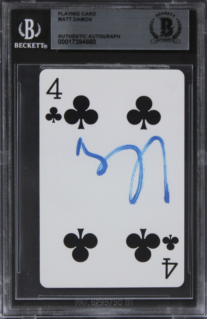 Matt Damon Rounders Signed 4 of Clubs Card Beckett Authenticated: Matt Damon Rounders Signed 4 of Clubs Card Beckett Authenticated This authentic autographed playing card features a signature from Matt Damon, renowned for his role in the movie Rounders. The card is