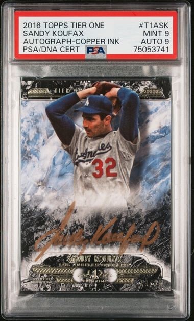 Sandy Koufax 2011 Topps Tier One Copper Ink PSA 9 Auto Dodgers: Sandy Koufax 2011 Topps Tier One Copper Ink PSA 9 Auto Dodgers This is a graded 2011 Topps Tier One Copper Ink baseball card featuring legendary player Sandy Koufax, known for his outstanding career w
