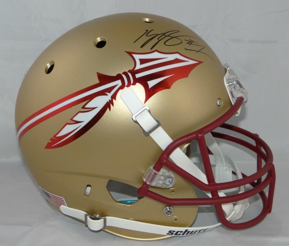 Kelvin Benjamin Signed Seminoles Gold Matte Schutt Helmet Beckett Authentication: Kelvin Benjamin Signed Seminoles Gold Matte Schutt Helmet Beckett Authentication This stunning gold matte Schutt helmet is autographed by Kelvin Benjamin, showcasing his signature prominently. A must-