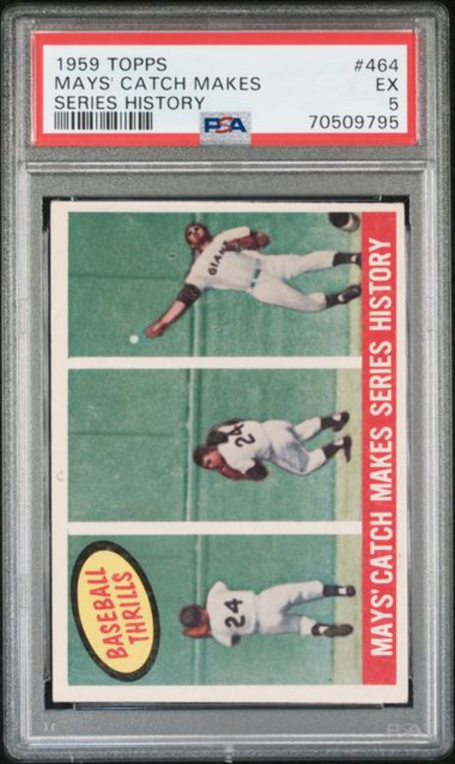 1959 Topps Willie Mays #464 Graded Card PSA 5 MLB History: 1959 Topps Willie Mays #464 Graded Card PSA 5 MLB History This is a graded 1959 Topps card featuring Willie Mays, showcasing his iconic catch that made series history. The card, numbered #464, is enca