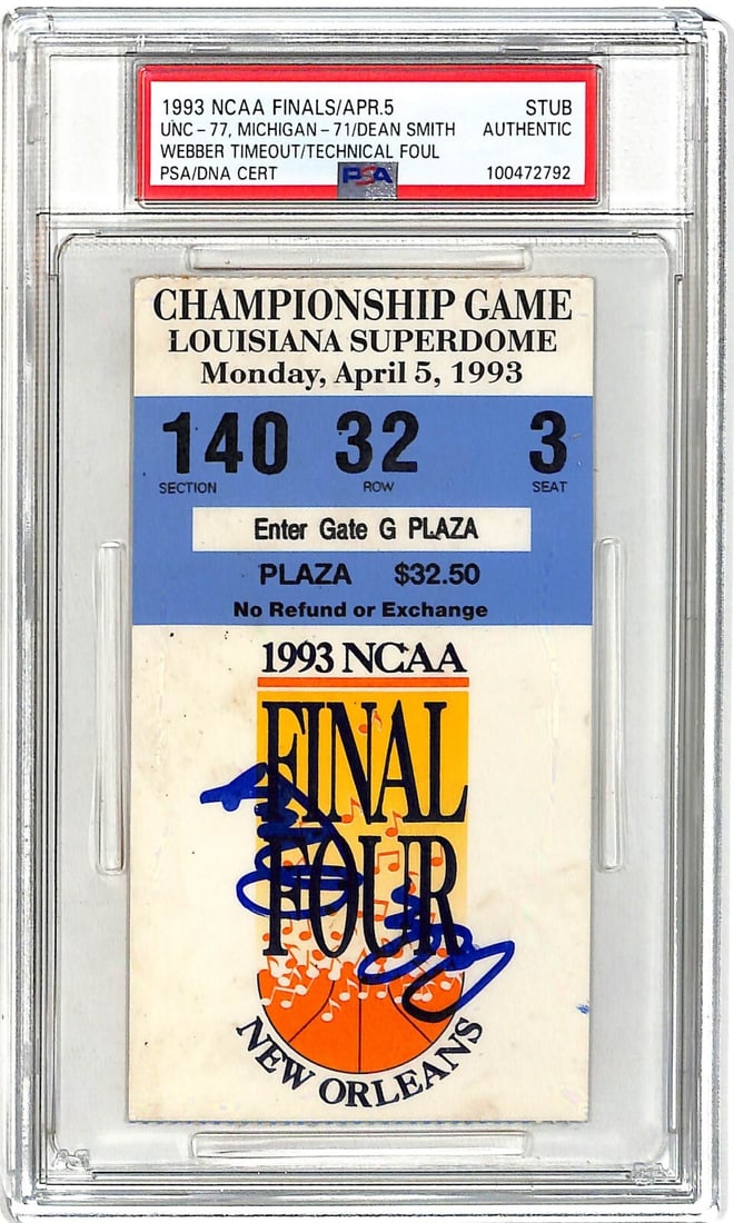 Dean Smith Signed 1993 NCAA Final Four Ticket PSA Authenticated: Dean Smith Signed 1993 NCAA Final Four Ticket PSA Authenticated This is an original signed ticket from the 1993 NCAA Final Four Championship, featuring the legendary coach Dean Smith. This collectible