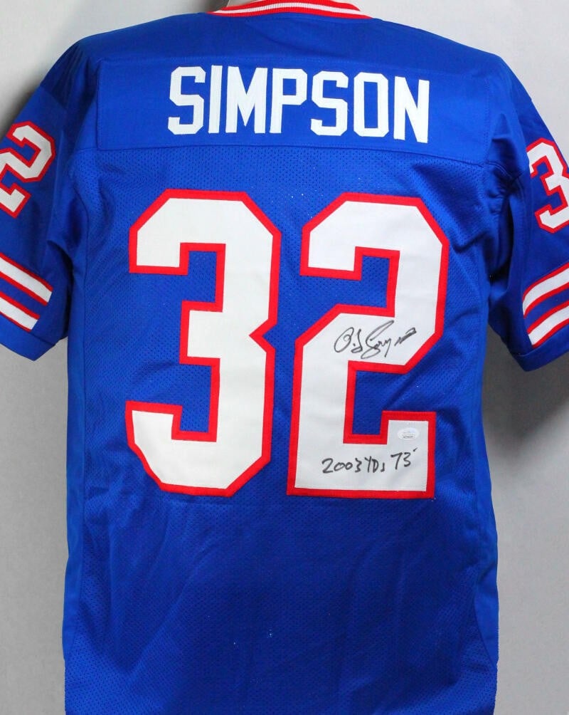 O J Simpson Signed Buffalo Bills Pro Style Jersey JSA Authenticated: O J Simpson Signed Buffalo Bills Pro Style Jersey JSA Authenticated Commemorate the legendary O.J. Simpson with this original blue pro-style jersey, proudly representing the Buffalo Bills. This pre-ow