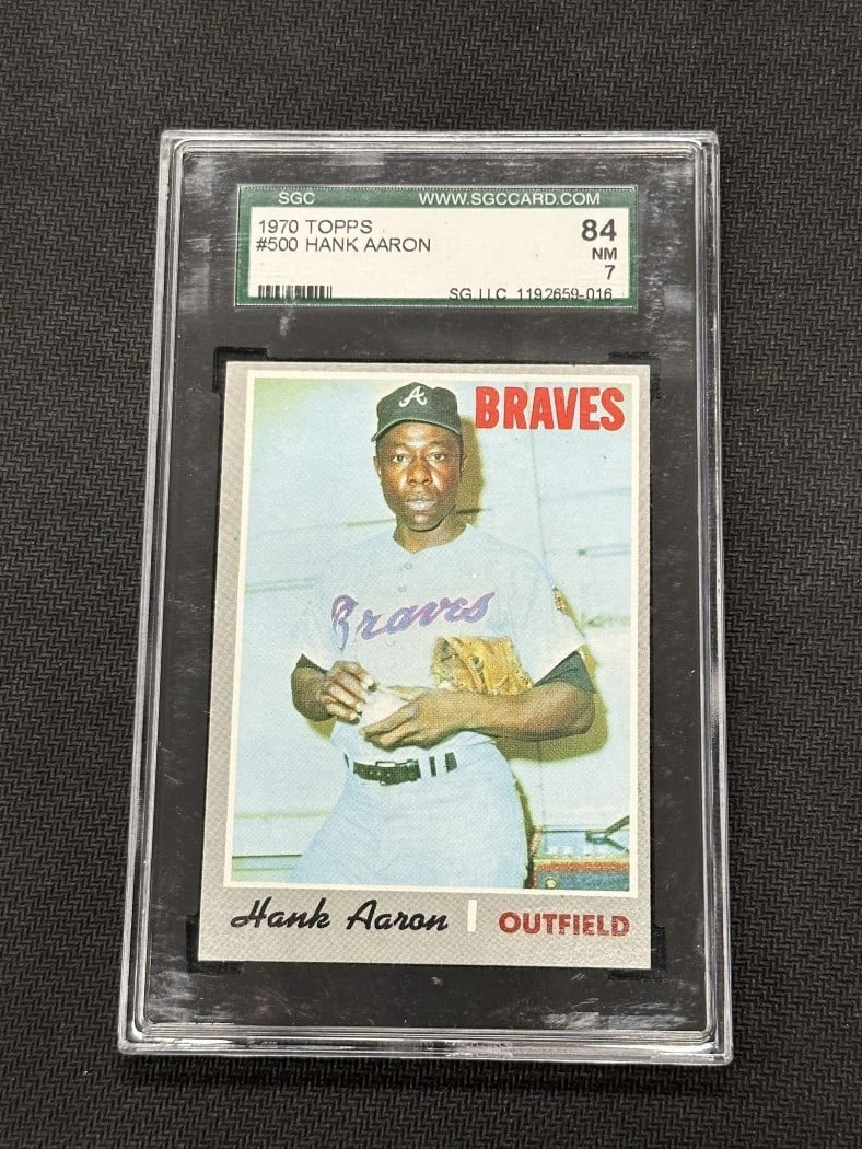 Hank Aaron 1970 Topps SGC 7 Baseball Card #500 Atlanta Braves: Hank Aaron 1970 Topps SGC 7 Baseball Card #500 Atlanta Braves This is a 1970 Topps baseball card featuring Hall of Famer Hank Aaron, graded SGC 7. The card showcases Aaron in his Atlanta Braves unifor