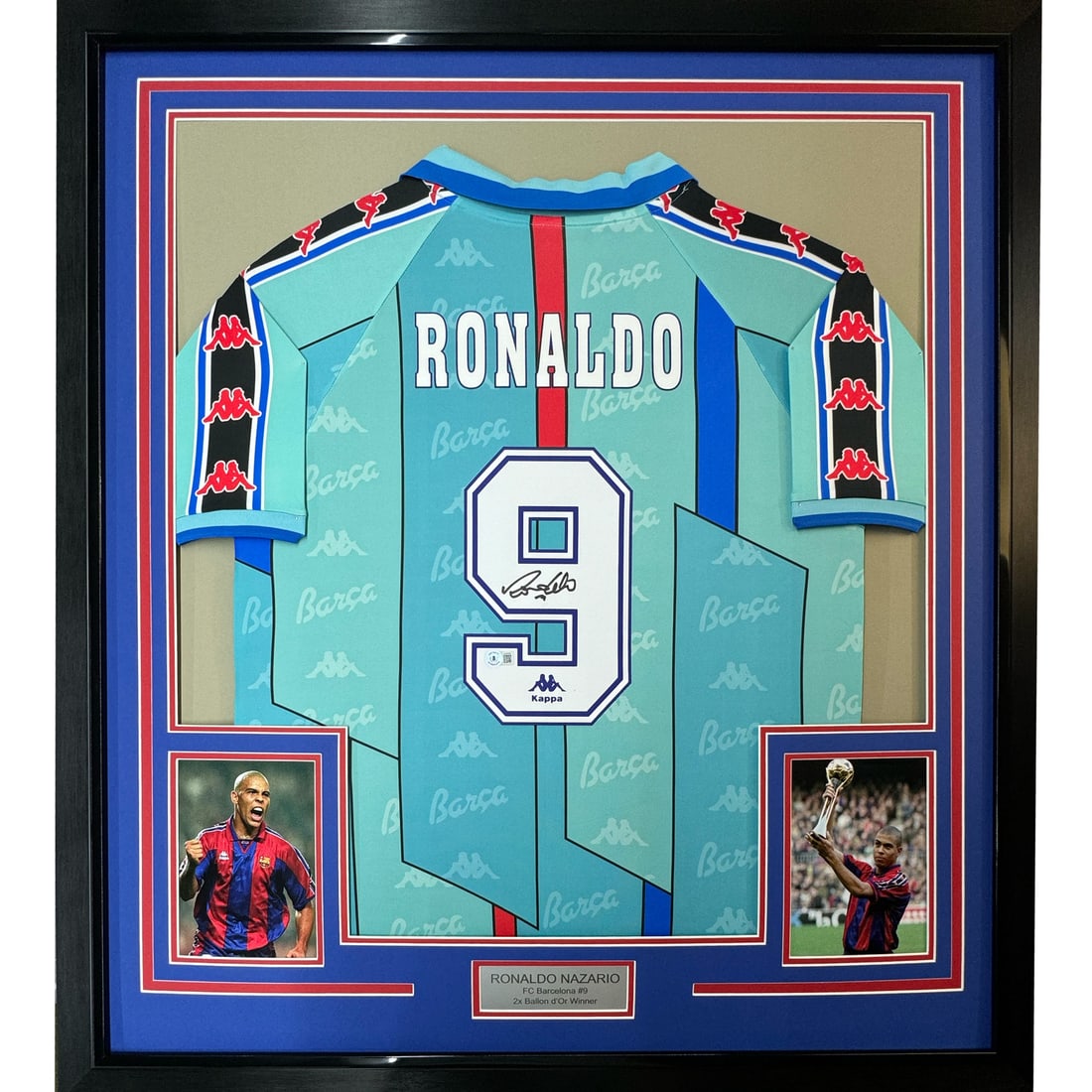 Framed Ronaldo Nazario Autographed Barcelona Teal Jersey with BAS COA: Framed Ronaldo Nazario Autographed Barcelona Teal Jersey with BAS COA Celebrate the legacy of Ronaldo Nazario with this professionally framed and autographed teal jersey from FC Barcelona. The jersey