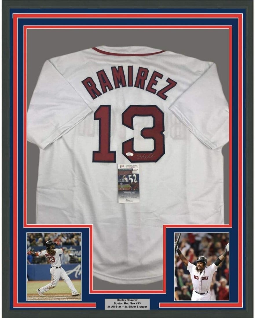 Framed Autographed Hanley Ramirez Jersey 33x42 Boston Red Sox JSA COA: Framed Autographed Hanley Ramirez Jersey 33x42 Boston Red Sox JSA COA Celebrate the legacy of Hanley Ramirez with this stunning framed and autographed Boston Red Sox jersey. This authentic piece showc