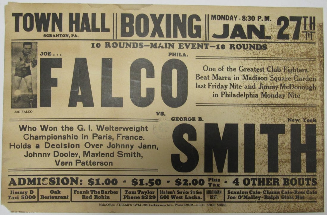 Vintage 1947 Joey Falco vs George B Smith Boxing Poster 14x22: Vintage 1947 Joey Falco vs George B Smith Boxing Poster 14x22 This vintage boxing poster features the thrilling match between Joey Falco and George B. Smith, held on January 27, 1947, in Scranton, PA.