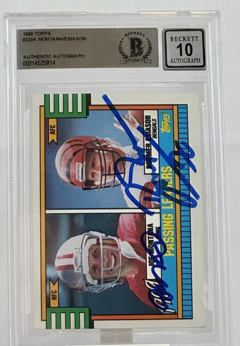 1990 Topps #229A Joe Montana Boomer Esiason Dual Signed BGS 10: 1990 Topps #229A Joe Montana Boomer Esiason Dual Signed BGS 10 This 1990 Topps #229A sports trading card features dual autographs from legendary football players Joe Montana and Boomer Esiason. Celebr