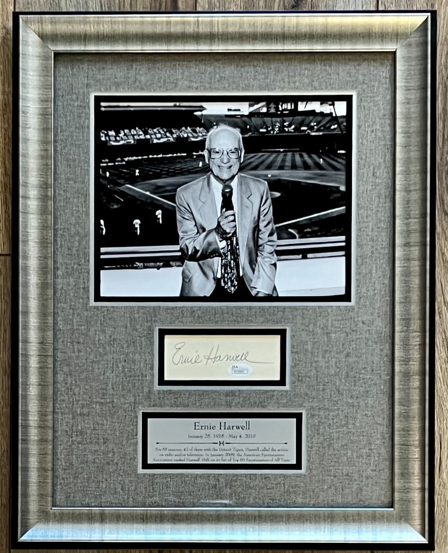 Ernie Harwell Signed Index Card Framed Display JSA Authenticated: Ernie Harwell Signed Index Card Framed Display JSA Authenticated This beautifully crafted display features a signed 3x5 index card from Ernie Harwell, the legendary Hall of Fame announcer for the Detr