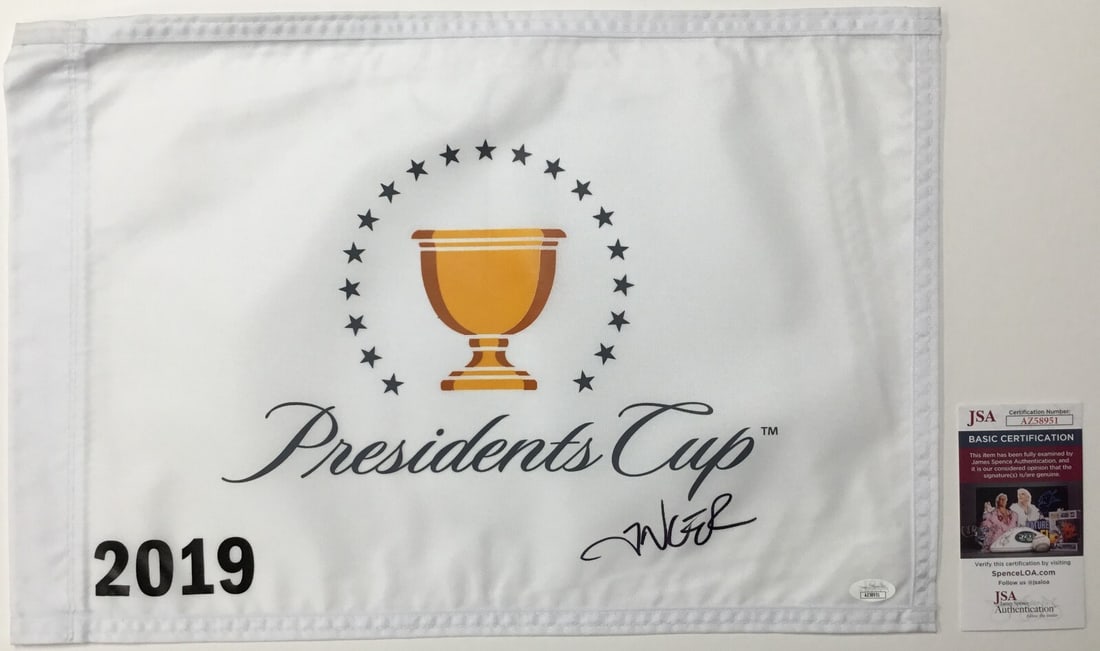 Abraham Ancer Signed The President's Cup 2019 Pin Flag JSA Authenticated: Abraham Ancer Signed The President's Cup 2019 Pin Flag JSA Authenticated Celebrate golf history with this original The President's Cup 2019 pin flag, beautifully signed by PGA star Abraham Ancer. This