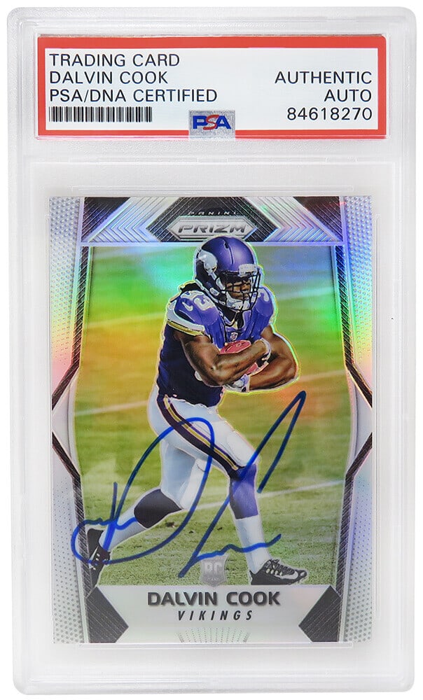 Dalvin Cook Autographed Vikings 2017 Panini Prizm Silver Rookie Card #231 PSA: Dalvin Cook Autographed Vikings 2017 Panini Prizm Silver Rookie Card #231 PSA Celebrate the career of Dalvin Cook with this autographed 2017 Panini Prizm Silver Rookie Card #231. This remarkable footb