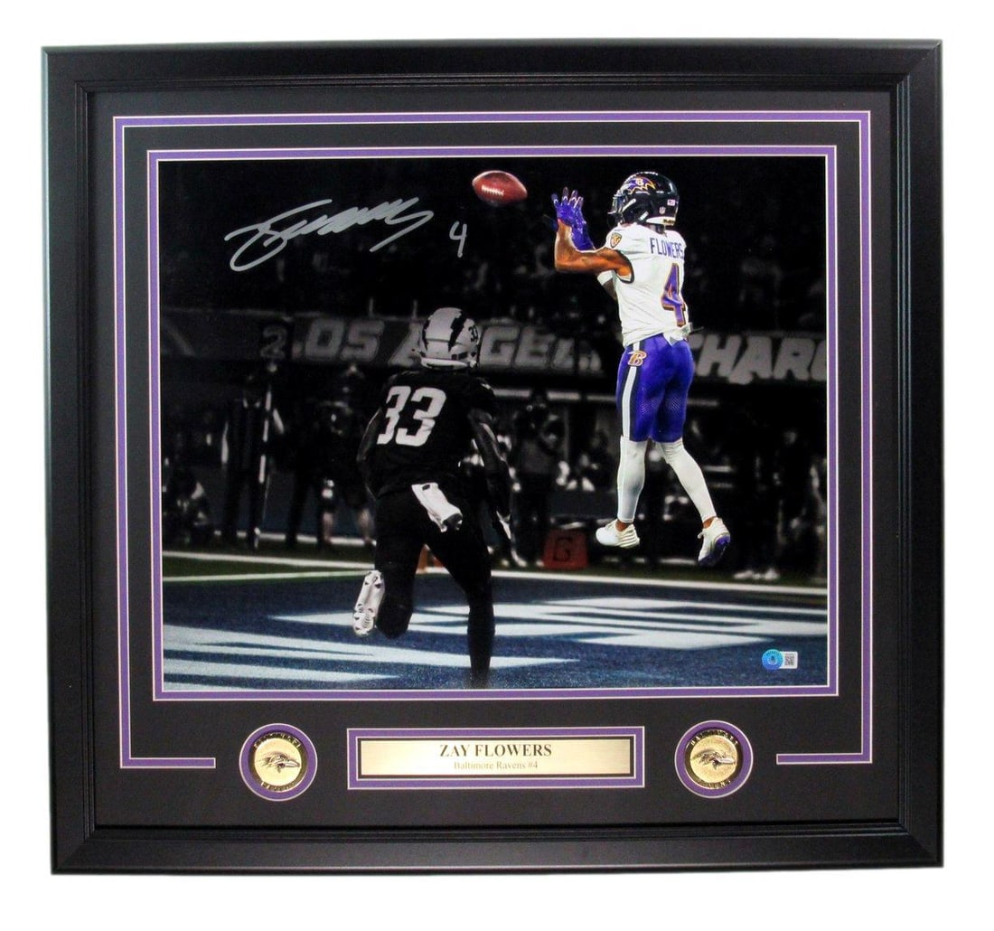 Zay Flowers Signed Framed 16x20 Photo Ravens BAS Authenticated: Zay Flowers Signed Framed 16x20 Photo Ravens BAS Authenticated Capture a stunning moment in football with this Zay Flowers signed 16x20 photo featuring the Baltimore Ravens. This framed piece measures