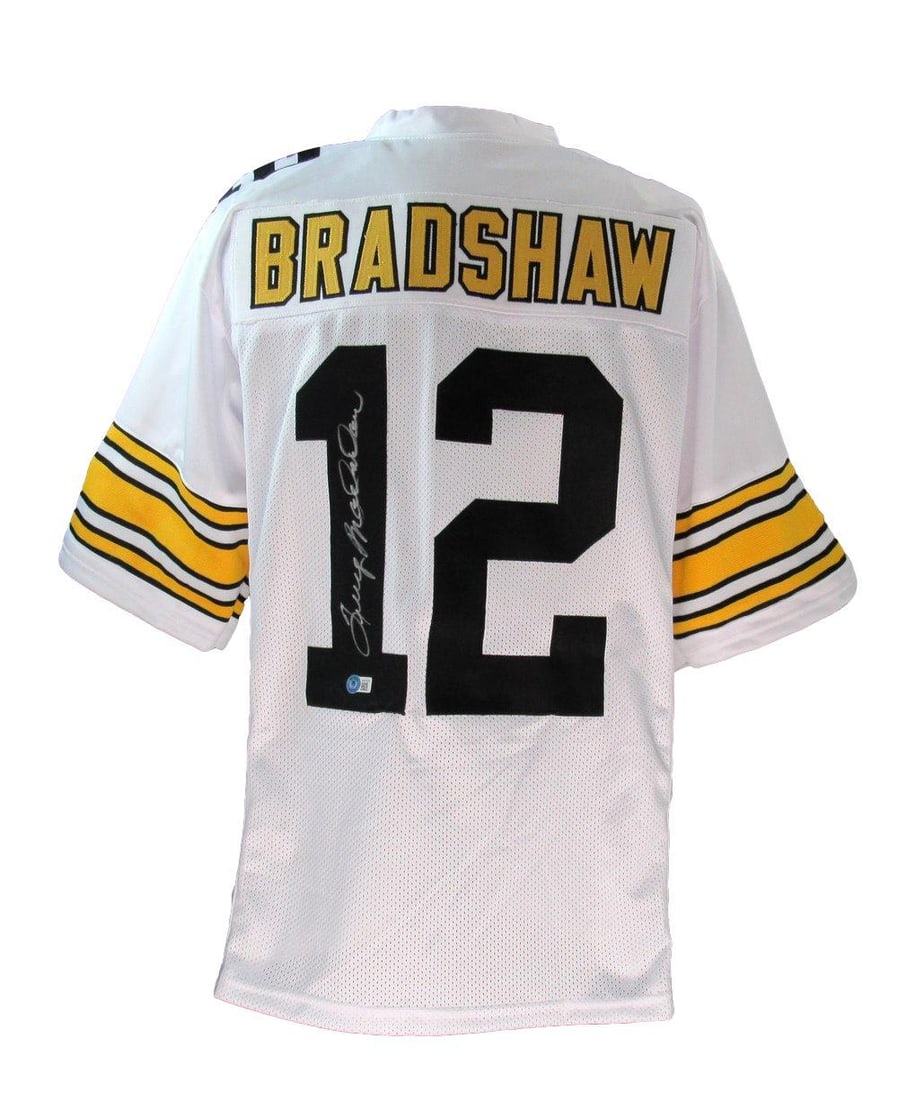 Terry Bradshaw Signed White Custom Jersey Steelers BAS Authenticated: Terry Bradshaw Signed White Custom Jersey Steelers BAS Authenticated This is a pre-owned custom white football jersey signed by Hall of Famer Terry Bradshaw. Authenticated by BAS/Beckett, the jersey r