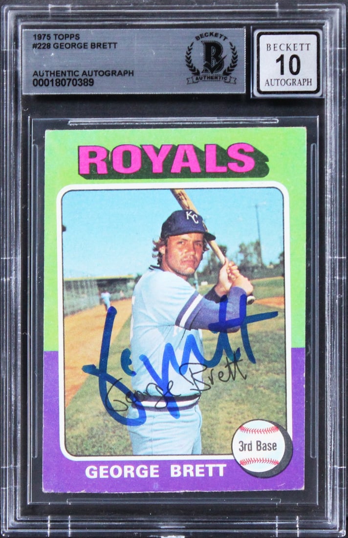 George Brett Signed 1975 Topps #228 Card Mint 10 Beckett Authenticated: George Brett Signed 1975 Topps #228 Card Mint 10 Beckett Authenticated This 1975 Topps #228 card features the autograph of George Brett, a legendary player of the Kansas City Royals. Graded Gem Mint 1