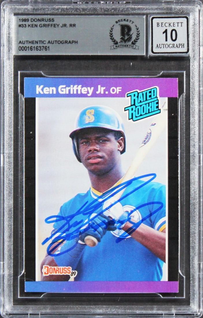 Ken Griffey Jr Signed 1989 Donruss Rookie Card Gem Mint 10 BAS: Ken Griffey Jr Signed 1989 Donruss Rookie Card Gem Mint 10 BAS This is a Ken Griffey Jr. autographed 1989 Donruss #33 rookie card, graded Gem Mint 10 by Beckett Authentication Services. The card featu