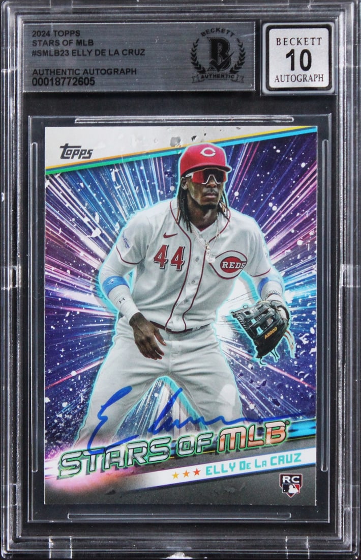 Elly De La Cruz Auto 2024 Topps Stars Of MLB SMLB23 Beckett 10 Slabbed Card: Elly De La Cruz Auto 2024 Topps Stars Of MLB SMLB23 Beckett 10 Slabbed Card This 2024 Topps Stars of MLB #SMLB23 trading card features Elly De La Cruz of the Cincinnati Reds and has been personally si