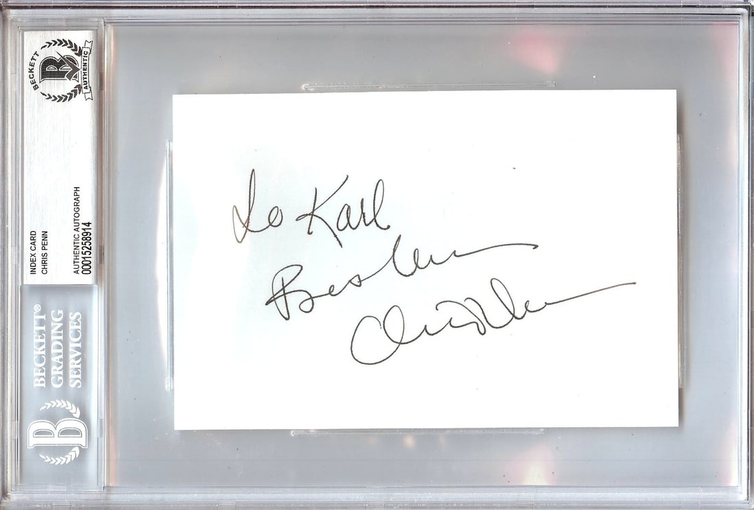 Chris Penn Autographed Index Card Footloose Reservoir Dogs Beckett Authenticated: Chris Penn Autographed Index Card Footloose Reservoir Dogs Beckett Authenticated This is an original index card signed by Chris Penn, known for his roles in iconic films such as "Footloose" and "Reser