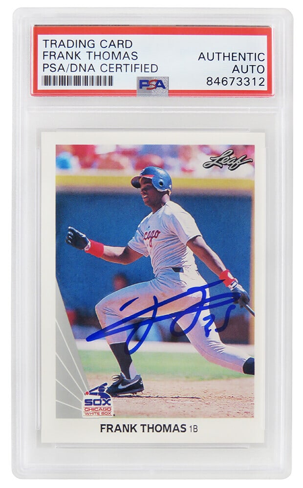 Frank Thomas Autographed 1990 Leaf Rookie Card #300 PSA/DNA Encapsulated: Frank Thomas Autographed 1990 Leaf Rookie Card #300 PSA/DNA Encapsulated Own a piece of baseball history with this Frank Thomas autographed Chicago White Sox 1990 Leaf rookie card #300. This collectib