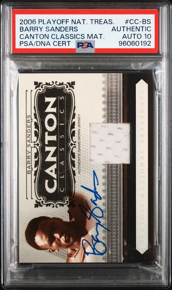 2006 Playoff National Treasures Barry Sanders Autographed Card PSA Certified: 2006 Playoff National Treasures Barry Sanders Autographed Card PSA Certified Presenting a remarkable collectible for football enthusiasts: the 2006 Playoff National Treasures Canton Classics Materials