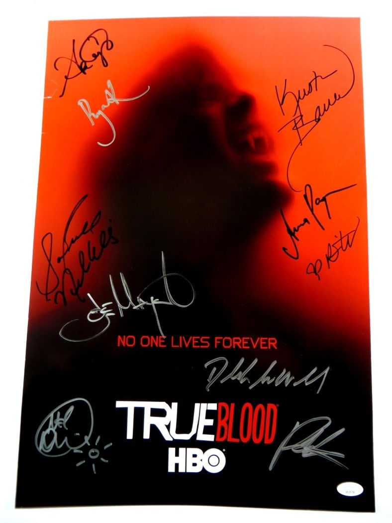 True Blood Signed 13x20 Poster with 11 Autographs JSA Certified: True Blood Signed 13x20 Poster with 11 Autographs JSA Certified This is a remarkable 13X20 poster from the acclaimed series True Blood, featuring the autographs of the main cast members, including Ann