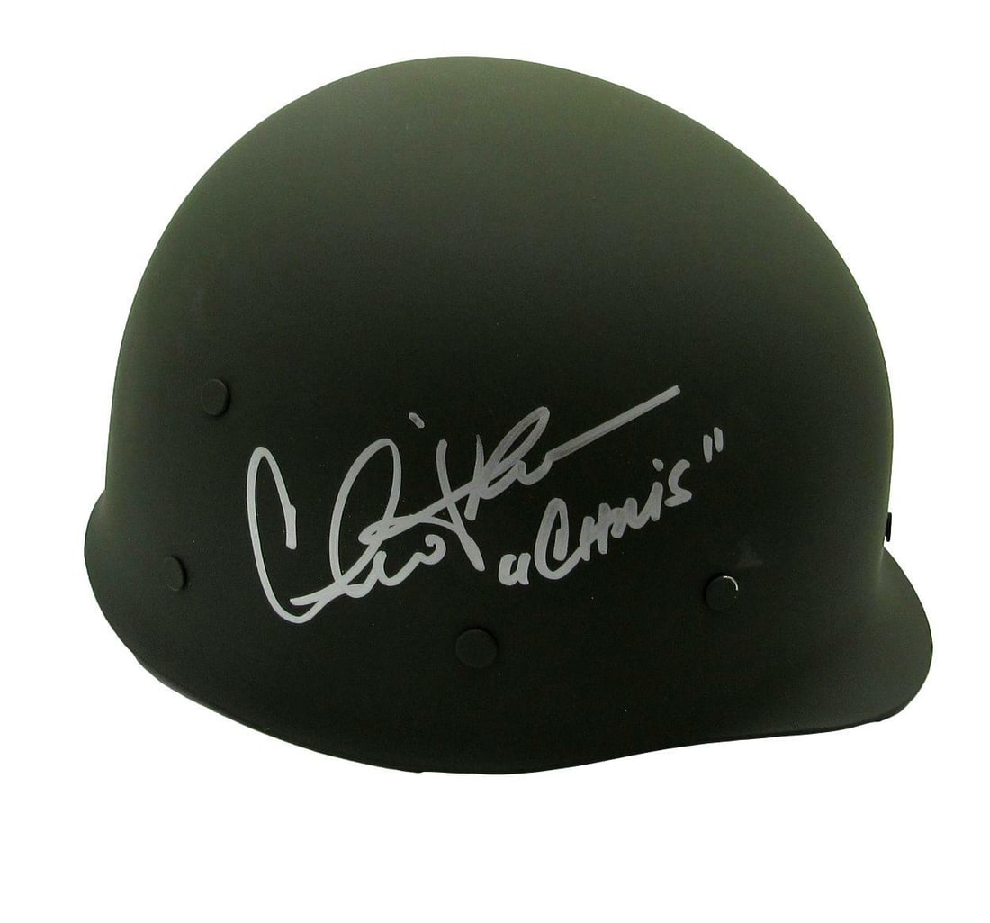 Charlie Sheen Signed Platoon Vietnam Army Helmet with PSA/DNA Certificate: Charlie Sheen Signed Platoon Vietnam Army Helmet with PSA/DNA Certificate This original Vietnam Army helmet is signed and inscribed by actor Charlie Sheen, featuring the inscription "Chris" from his i
