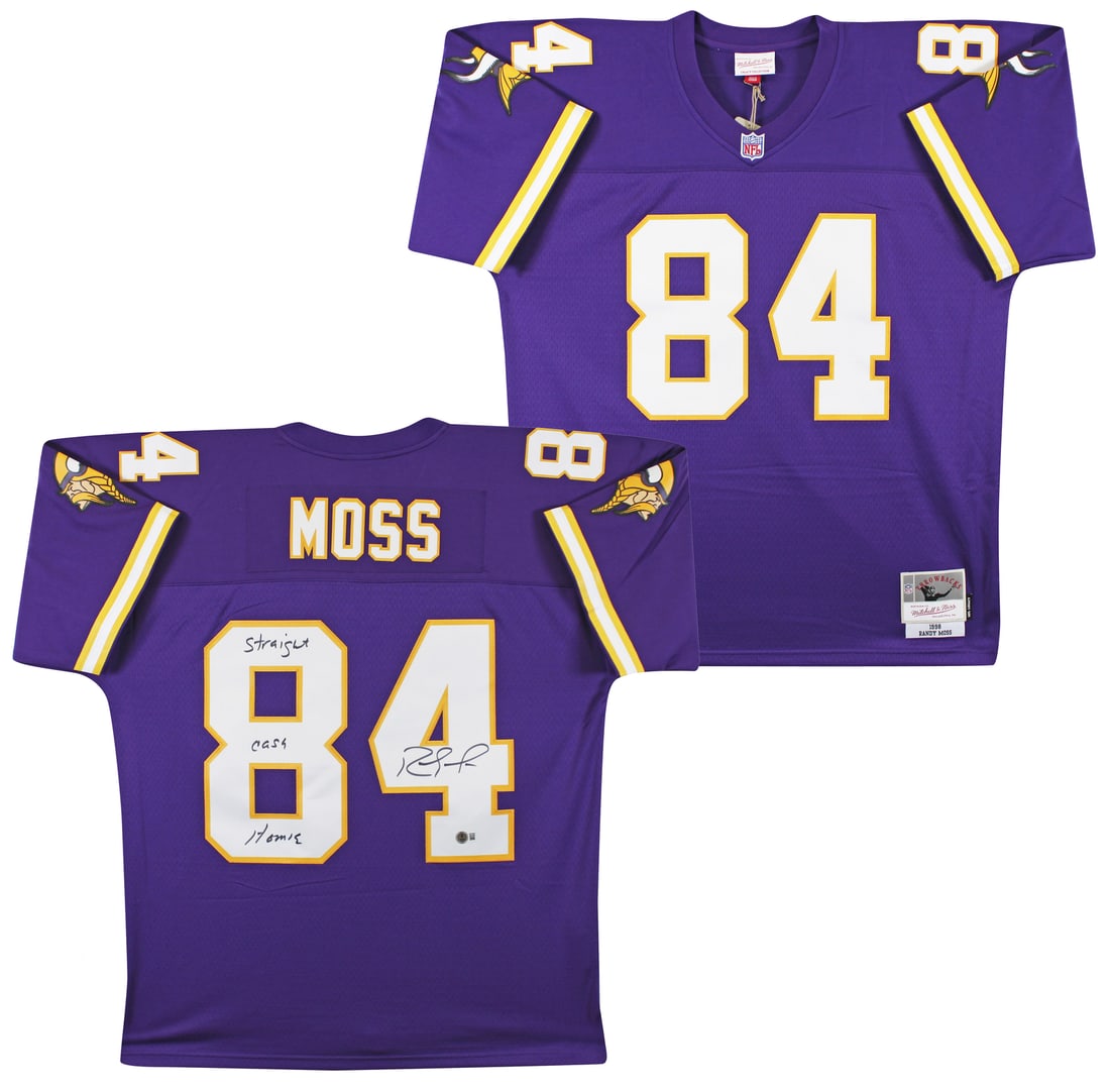 Randy Moss Signed Vikings Purple Throwback Jersey with Inscription BAS Authenticated: Randy Moss Signed Vikings Purple Throwback Jersey with Inscription BAS Authenticated Celebrate the legacy of Randy Moss with this officially licensed Minnesota Vikings jersey. This is a Purple 1998 Mi