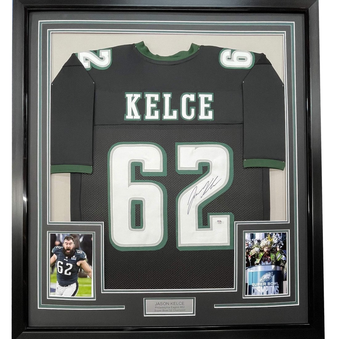 Framed Signed Jason Kelce Philadelphia Eagles Jersey JSA COA 33x42: Framed Signed Jason Kelce Philadelphia Eagles Jersey JSA COA 33x42 This professionally framed and matted item features an autographed black jersey of Jason Kelce, a prominent player for the Philadelph