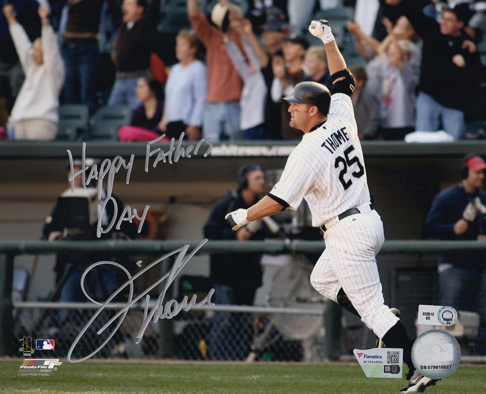 Jim Thome Signed White Sox 8x10 Photo Happy Father's Day Fanatics COA: Jim Thome Signed White Sox 8x10 Photo Happy Father's Day Fanatics COA Celebrate a special moment with this Jim Thome signed Chicago White Sox 8x10 photo, featuring the heartfelt inscription 'Happy Fat