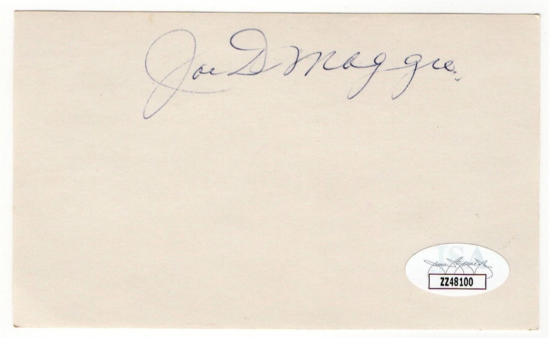 Joe DiMaggio Autographed Index Card New York Yankees JSA Certified: Joe DiMaggio Autographed Index Card New York Yankees JSA Certified Celebrate the legacy of baseball legend Joe DiMaggio with this authenticated autographed 3X5 index card. This original piece showcase