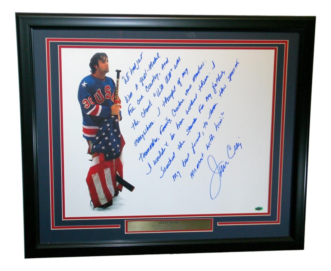 Jim Craig Signed Framed 20x16 USA Hockey Photo PSA Authenticated: Jim Craig Signed Framed 20x16 USA Hockey Photo PSA Authenticated Capture a piece of Olympic history with this stunning framed 20x16 photo of Jim Craig, the legendary Team USA goalie who led his team t