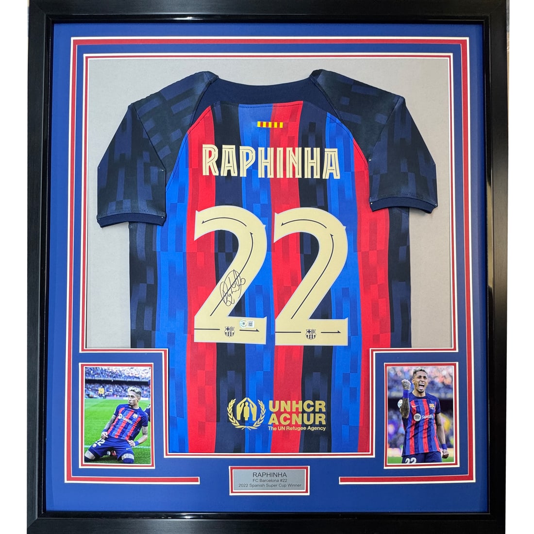 Framed Raphinha Signed FC Barcelona Jersey with BAS COA: Framed Raphinha Signed FC Barcelona Jersey with BAS COA Showcase your passion for soccer with this professionally framed autographed Raphinha Raphael Belloli jersey. This stunning blue jersey measures