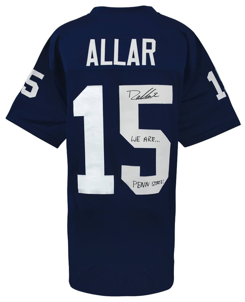 Navy Penn State Custom Jersey Autographed by Drew Allar With We Are Penn State Inscription: Navy Penn State Custom Jersey Autographed by Drew Allar With We Are Penn State Inscription This is a pre-owned navy custom college football jersey signed by Drew Allar. The jersey features an inscript