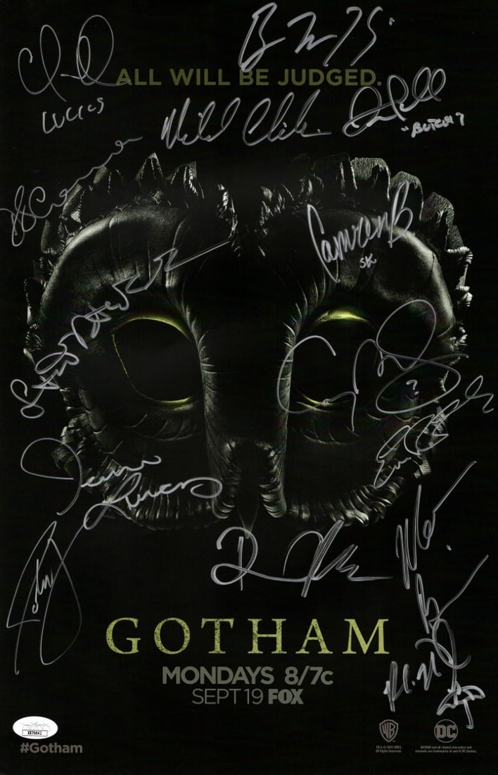 Gotham Cast Signed 11X17 Poster with 15 Autographs JSA: Gotham Cast Signed 11X17 Poster with 15 Autographs JSA This is an original 11x17 autographed poster of the Gotham cast. It features signatures from notable actors including Ben McKenzie, Jada Pinkett-