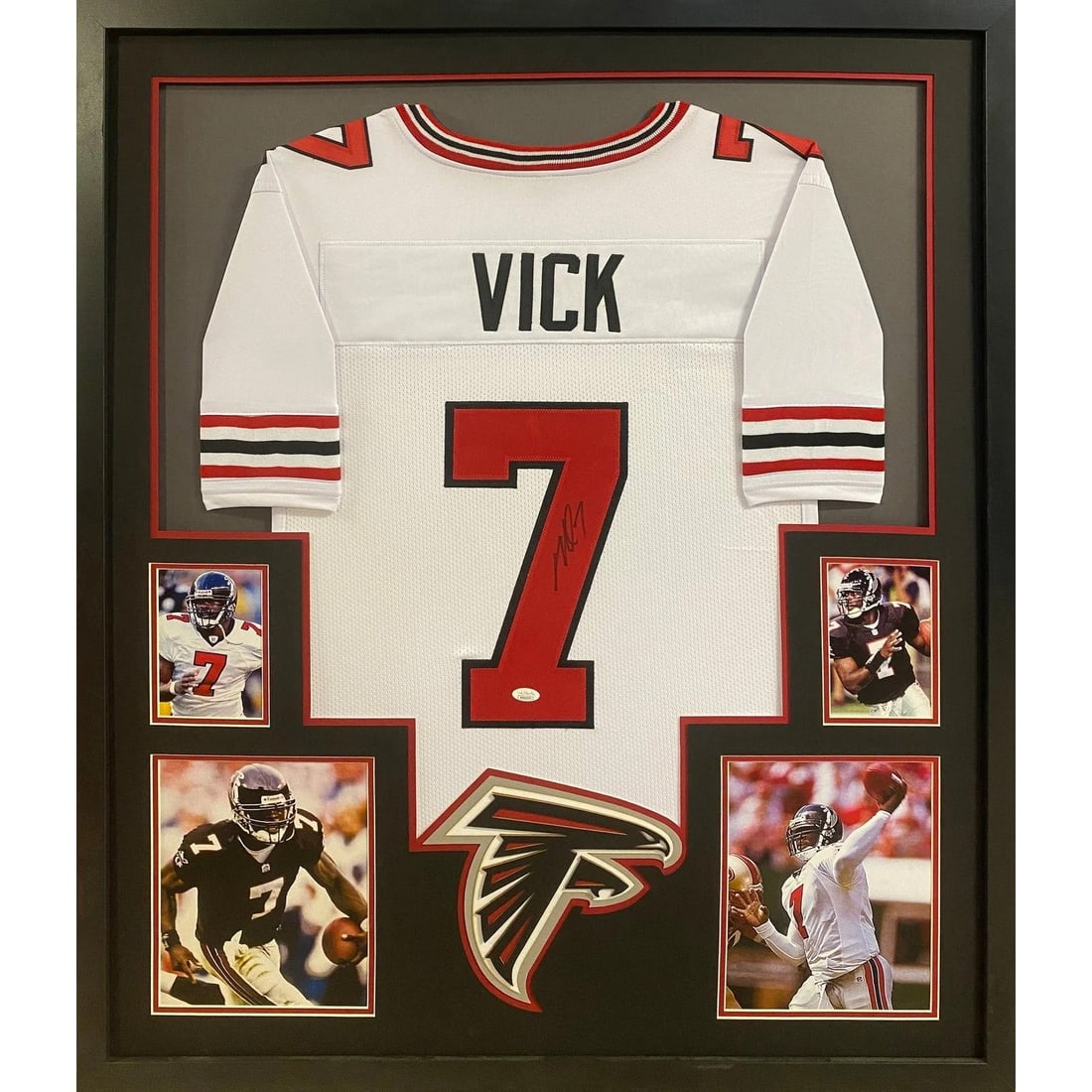 Michael Vick Signed Framed Jersey Atlanta Falcons JSA Certified: Michael Vick Signed Framed Jersey Atlanta Falcons JSA Certified This is a stunning, autographed framed jersey of Michael Vick, a legendary player from the Atlanta Falcons. The jersey is authenticated