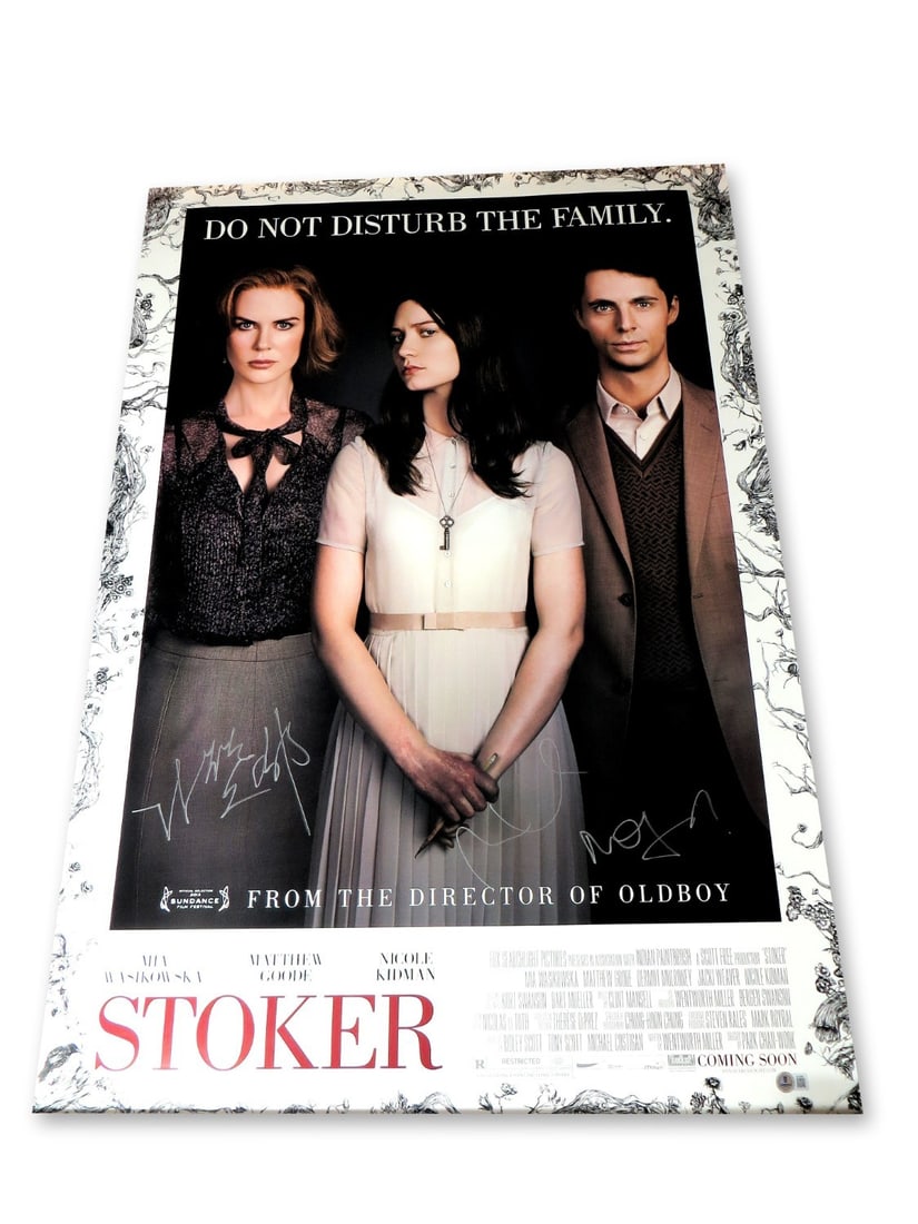 Stoker Autographed 27x40 Poster Beckett Authenticated Mia Wasikowska Chan-Wook Goode: Stoker Autographed 27x40 Poster Beckett Authenticated Mia Wasikowska Chan-Wook Goode This original autographed poster features the signatures of Mia Wasikowska, Park Chan-Wook, and Matthew Goode from